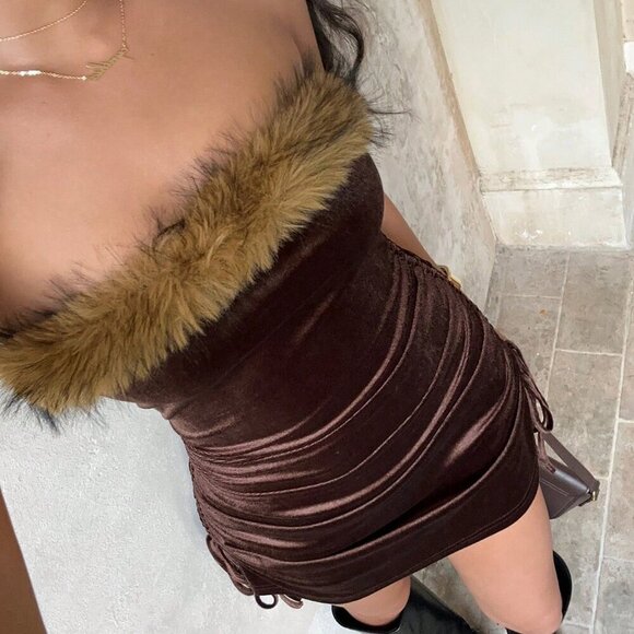 Brown Party Women's Colorblock Velvet Bandeau Dress - Picture 5 of 8